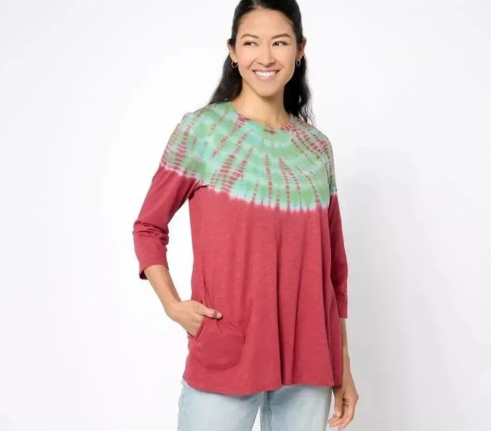 Logo Lori Goldstein Top 1X Crew Neck Tie Dye 100% Cotton Pink Green A607757